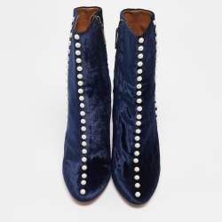 Aquazzura Navy Blue Velvet Follie Pearls Ankle Boots Size 36.5