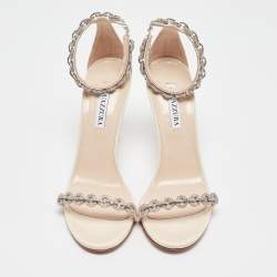 Pre Owned Aquazzura Beige Grosgrain Embellished Love Link Sandals Size 39.5