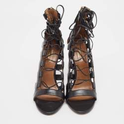 Pre Owned صندل أكوازورا لف حول الكاحل جلد أسود أمازون مقاس 38