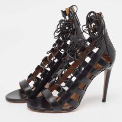 Pre Owned صندل أكوازورا لف حول الكاحل جلد أسود أمازون مقاس 38