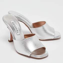 Pre Owned Aquazzura Silver Leather Violette Slide Sandals Size 36