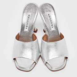 Pre Owned Aquazzura Silver Leather Violette Slide Sandals Size 36