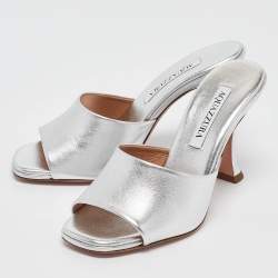 Pre Owned Aquazzura Silver Leather Violette Slide Sandals Size 36