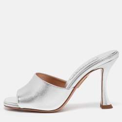 Pre Owned Aquazzura Silver Leather Violette Slide Sandals Size 36