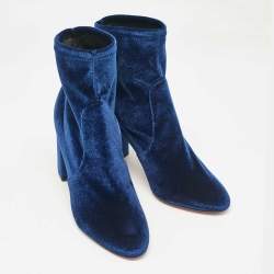 Pre Owned Aquazzura Blue Velvet Ankle Length Boots Size 39.5