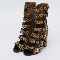 Pre Owned Aquazzura Beige/Black Leopard Print Calf Hair Gladiator Sandals Size 37