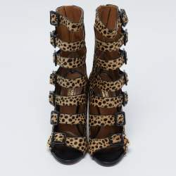 Pre Owned Aquazzura Beige/Black Leopard Print Calf Hair Gladiator Sandals Size 37