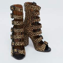 Pre Owned Aquazzura Beige/Black Leopard Print Calf Hair Gladiator Sandals Size 37