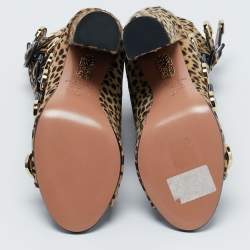 Pre Owned Aquazzura Beige/Black Leopard Print Calf Hair Gladiator Sandals Size 37