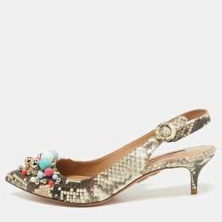 Pre Owned Aquazzura Brown/Beige Python Embossed Leather Embellished Bonbon Slingback Pumps Size 37.5