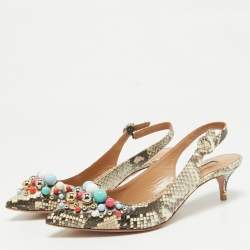 Pre Owned Aquazzura Brown/Beige Python Embossed Leather Embellished Bonbon Slingback Pumps Size 37.5