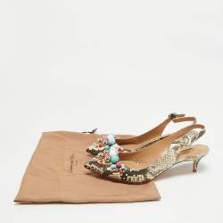 Pre Owned Aquazzura Brown/Beige Python Embossed Leather Embellished Bonbon Slingback Pumps Size 37.5