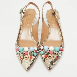 Pre Owned Aquazzura Brown/Beige Python Embossed Leather Embellished Bonbon Slingback Pumps Size 37.5