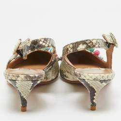 Pre Owned Aquazzura Brown/Beige Python Embossed Leather Embellished Bonbon Slingback Pumps Size 37.5
