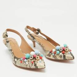 Pre Owned Aquazzura Brown/Beige Python Embossed Leather Embellished Bonbon Slingback Pumps Size 37.5