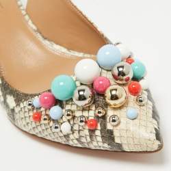 Pre Owned Aquazzura Brown/Beige Python Embossed Leather Embellished Bonbon Slingback Pumps Size 37.5