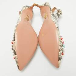 Pre Owned Aquazzura Brown/Beige Python Embossed Leather Embellished Bonbon Slingback Pumps Size 37.5