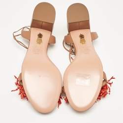 Pre Owned Aquazzura Brown Leather Panarea Beaded Ankle Tie Sandals Size 39.5