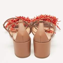 Pre Owned Aquazzura Brown Leather Panarea Beaded Ankle Tie Sandals Size 39.5