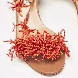 Pre Owned Aquazzura Brown Leather Panarea Beaded Ankle Tie Sandals Size 39.5