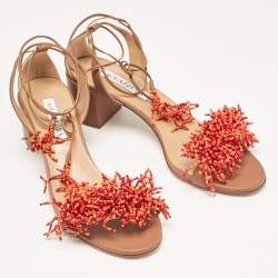 Pre Owned Aquazzura Brown Leather Panarea Beaded Ankle Tie Sandals Size 39.5