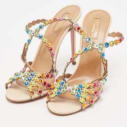 Pre Owned Aquazzura Multicolor Crystal Embellished Leather Tequila Ankle Strap Sandals Size 39