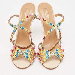 Pre Owned Aquazzura Multicolor Crystal Embellished Leather Tequila Ankle Strap Sandals Size 39