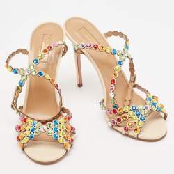 Pre Owned Aquazzura Multicolor Crystal Embellished Leather Tequila Ankle Strap Sandals Size 39