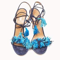 Pre Owned Aquazzura Navy Blue Suede Wild Thing Ankle Strap Sandals Size 42