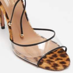 Pre Owned Aquazzura Brown Calf Hair and PVC Ankle Strap Sandals Size 37.5
