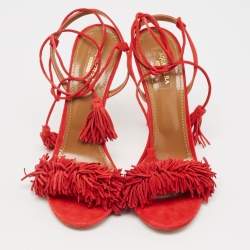 Aquazzura Red Suede Wild Thing Ankle Strap Sandals Size 39.5