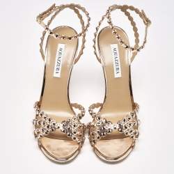 Pre Owned Aquazzura Rose Gold Crystal Embellished Leather Tequila Ankle Strap Sandals Size 41
