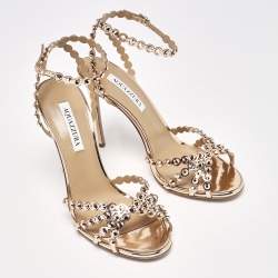 Pre Owned Aquazzura Rose Gold Crystal Embellished Leather Tequila Ankle Strap Sandals Size 41