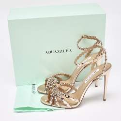 Pre Owned Aquazzura Rose Gold Crystal Embellished Leather Tequila Ankle Strap Sandals Size 41