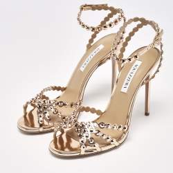 Pre Owned Aquazzura Rose Gold Crystal Embellished Leather Tequila Ankle Strap Sandals Size 41