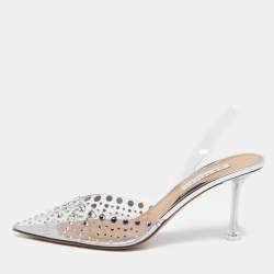 Pre Owned Aquazzura Transparent PVC Crystal Embellished Slingback Pumps Size 40