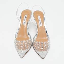 Pre Owned Aquazzura Transparent PVC Crystal Embellished Slingback Pumps Size 40