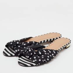 Aquazzura Black Polka Dot Print Fabric Knot Flat Slide Sandals Size 40