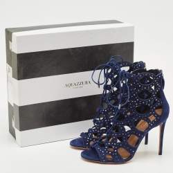 Pre Owned Aquazzura Navy Blue Cut Out Suede Studded Begum Booties Size 37