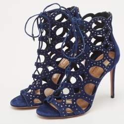Pre Owned Aquazzura Navy Blue Cut Out Suede Studded Begum Booties Size 37