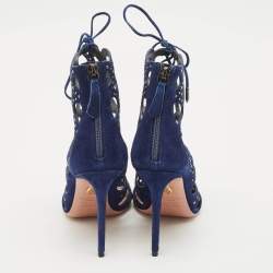 Pre Owned Aquazzura Navy Blue Cut Out Suede Studded Begum Booties Size 37