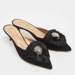 Pre Owned Aquazzura Black Suede Crystal Embellished Lotus Mules Size 40