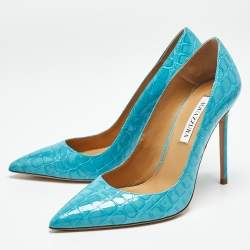 Pre Owned Aquazzura Blue Croc Embossed Leather Pointed Toe  Pumps Size 39.5