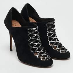 Aquazzura Black Suede Leather and Satin Crystal Embellished Amour Pumps Size 37.5