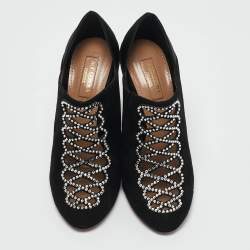 Aquazzura Black Suede Leather and Satin Crystal Embellished Amour Pumps Size 37.5