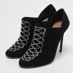 Aquazzura Black Suede Leather and Satin Crystal Embellished Amour Pumps Size 37.5