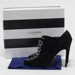 Aquazzura Black Suede Leather and Satin Crystal Embellished Amour Pumps Size 37.5