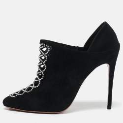 Aquazzura Black Suede Leather and Satin Crystal Embellished Amour Pumps Size 37.5