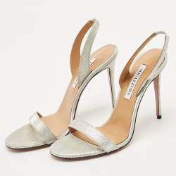 Pre Owned Aquazzura Silver Glitter Ankle Strap Sandals Size 38.5