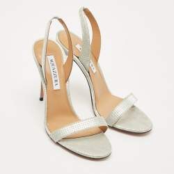 Pre Owned Aquazzura Silver Glitter Ankle Strap Sandals Size 38.5